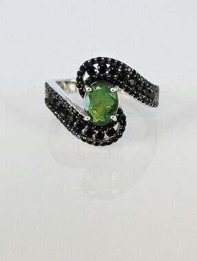 Genuine Green Opal & Black Spinel Ring in Sterling Silver Size 10!